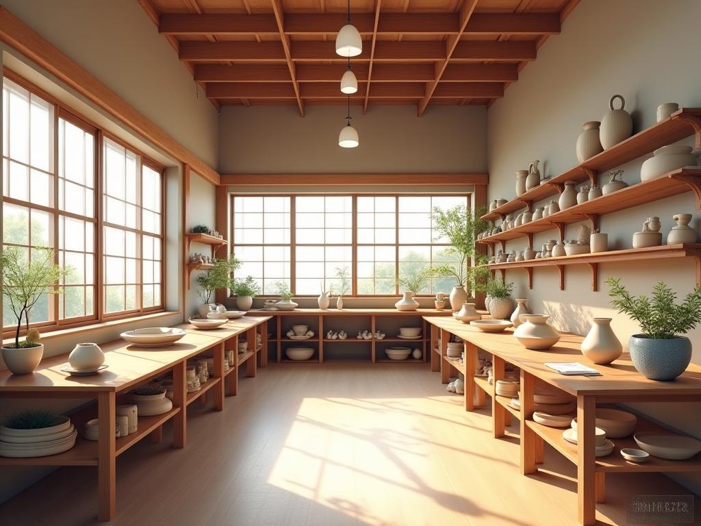 The serene and well-lit interior of the Aka Yane pottery studio in Kyoto.