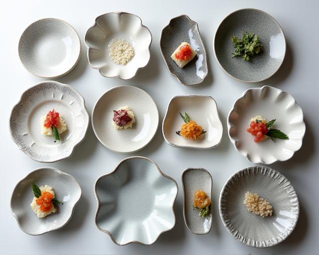 A collection of small plates (kozara) for serving food.