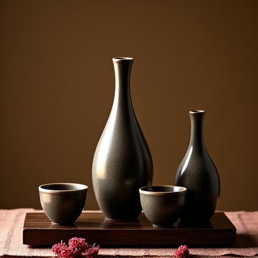 A set of sake bottles (tokkuri) and cups (ochoko).
